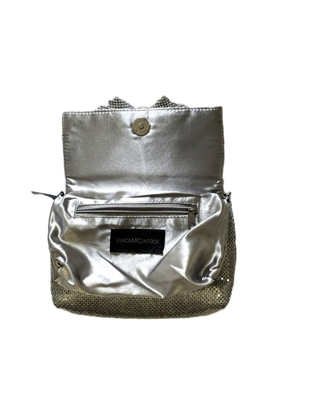 Jessica McClintock Silver Metal Mesh Chain Crossbody Clutch Bag | Bow Detail - Picture 7 of 12